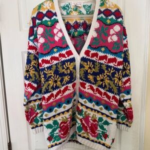 Vintage Talbots Cardigan Sweater, M, Cotton, Flowers, Floral, Pink, Blue, Red